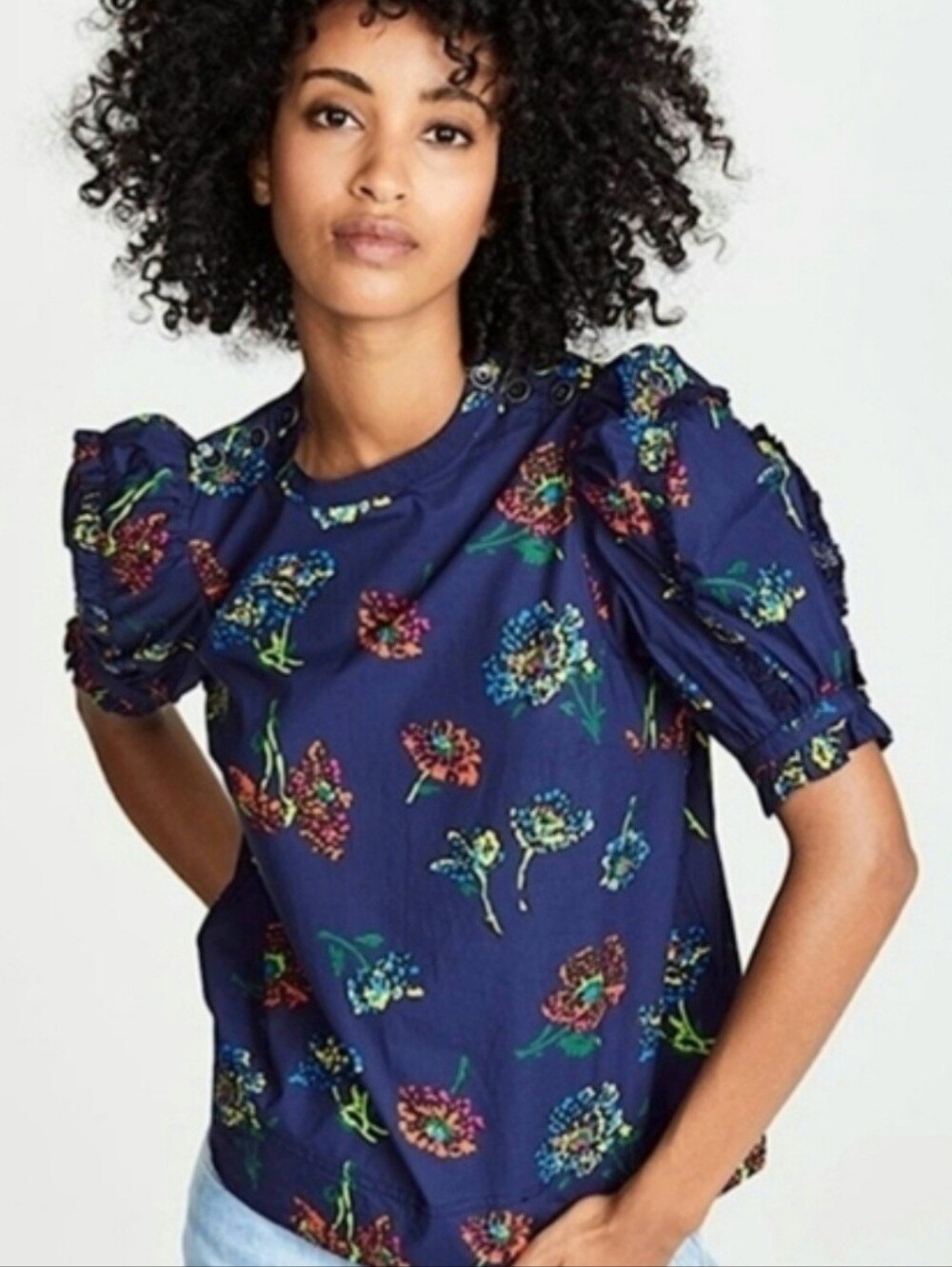 Ulla Johnson Kari Cotton Puff Sleeve Crew Neck Blouse, Blue Floral, Size XS
